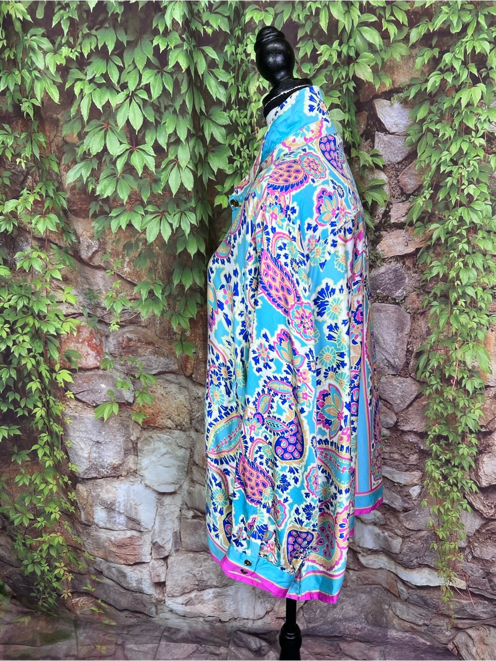 HAUTE HIPPIE STYLE Paisley Resortwear Floral Turquoise Button Front Blouse, 1X - Picture 7 of 14